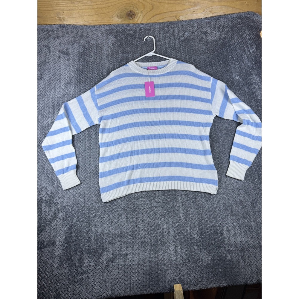 Edikted Sweater Womens XS Blue White Striped Cotton Knit Crew Neck Oversized